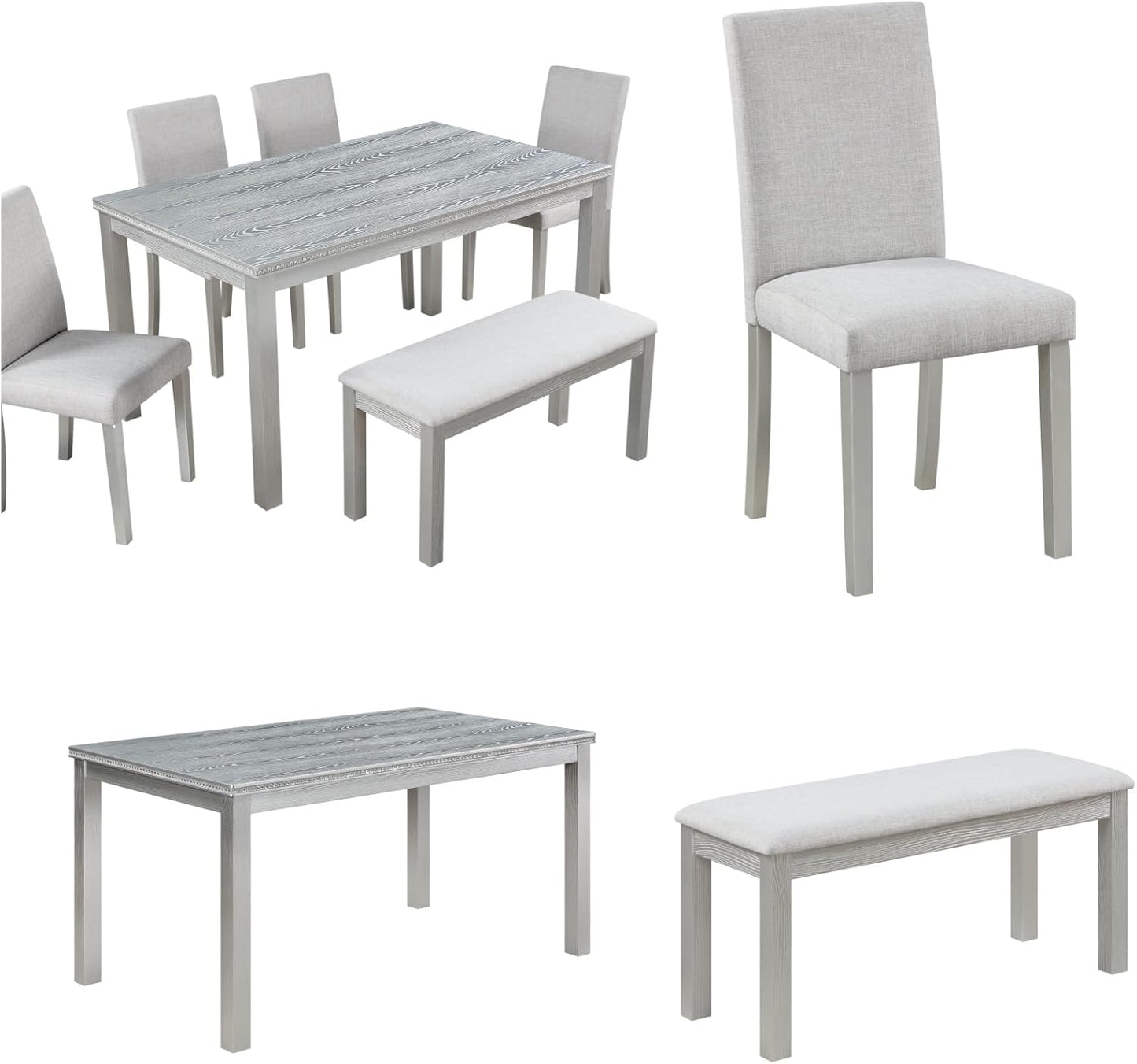 Dining Table Set, 6-Piece Kitchen Table & Chair Set with Rectangular Crystal Decoration & 4 Upholstered Chairs & a Bench, Wooden Dining Set, Silver Gray