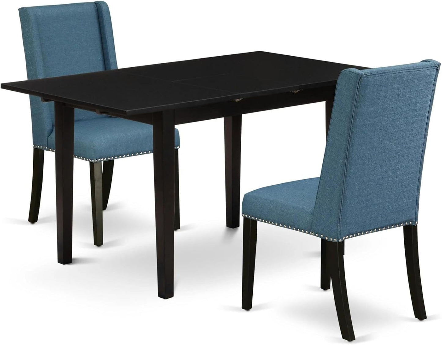 East West Furniture NOFL3-BLK-21 3 Piece Modern Dining Table Set Contains a Rectangle Wooden Table with Butterfly Leaf and 2 Blue Linen Fabric Upholstered Chairs, 32x54 Inch, Black