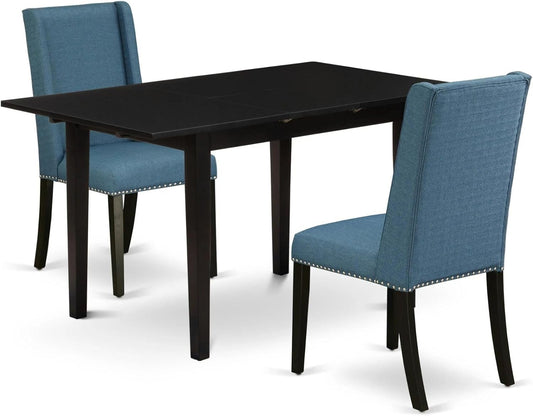 East West Furniture NOFL3-BLK-21 3 Piece Modern Dining Table Set Contains a Rectangle Wooden Table with Butterfly Leaf and 2 Blue Linen Fabric Upholstered Chairs, 32x54 Inch, Black