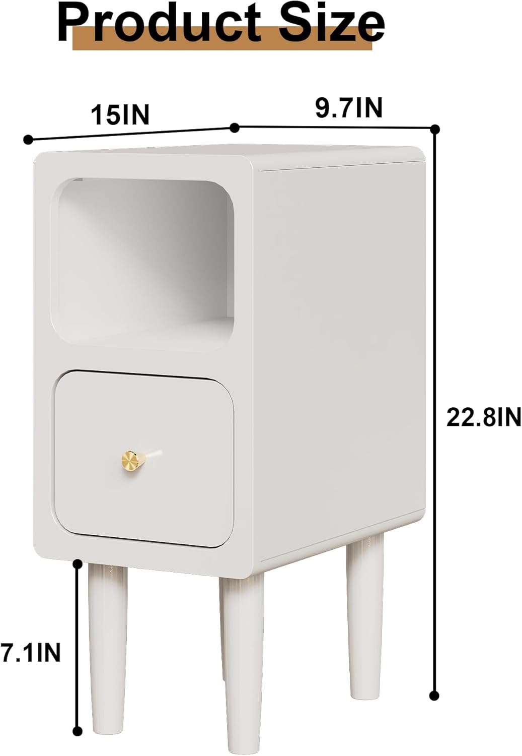 Narrow Nightstand, Solid Wood Night Stand with Drawers, White Mid Century Modern Nightstand, Small Beside Table with Open Storage Shelf for Bedroom (10 inch)