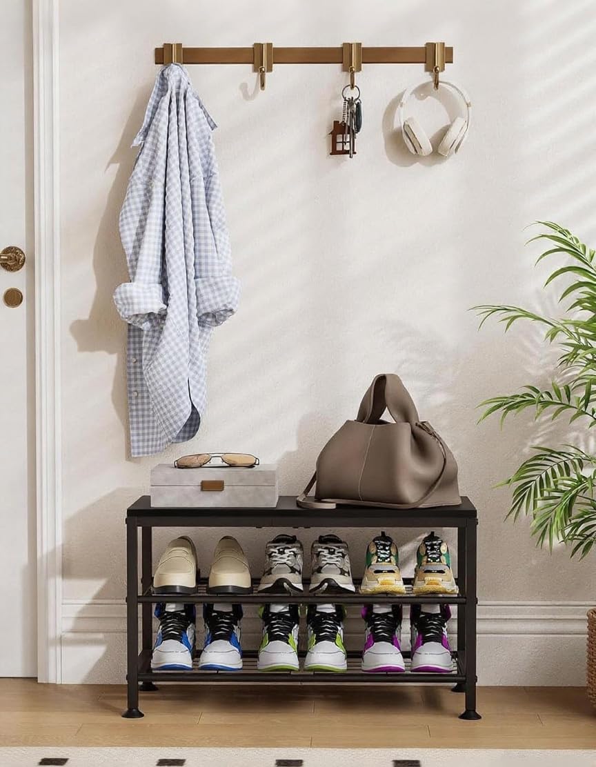 3-Tier Shoe Rack Bench - Entryway Organizer with Shoe Storage, Sturdy Shoe Shelf for Front Door, Small Space Saving Furniture, Black, Holds 286lbs,27.2" x 12.0" x 15.9"