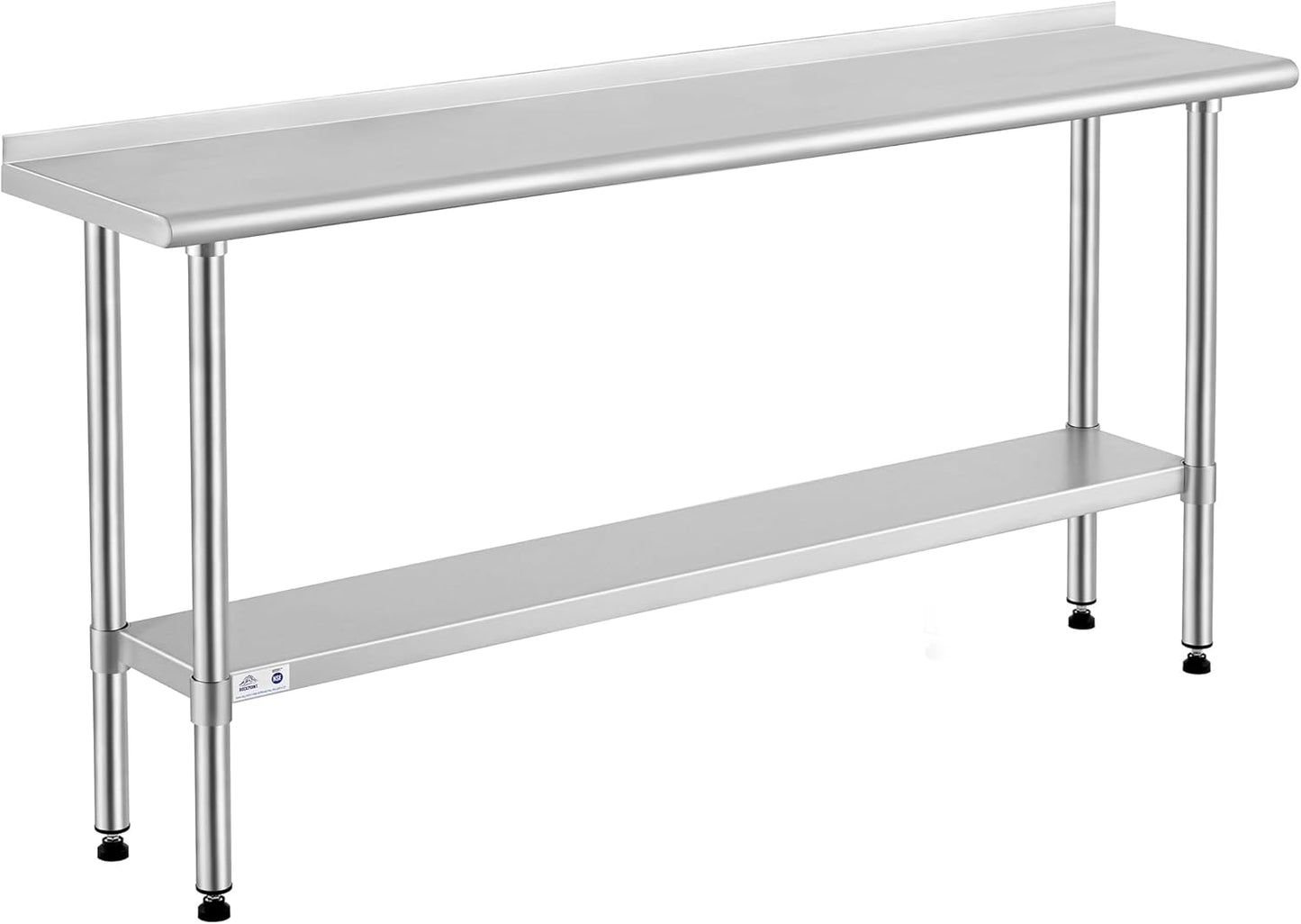 ROCKPOINT Stainless Steel Table for Prep & Work with Backsplash 14x72 Inches, NSF Metal Commercial Kitchen Heavy Duty Table with Adjustable Under Shelf and Table Foot for Restaurant, Home and Hotel