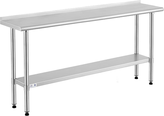 ROCKPOINT Stainless Steel Table for Prep & Work with Backsplash 14x72 Inches, NSF Metal Commercial Kitchen Heavy Duty Table with Adjustable Under Shelf and Table Foot for Restaurant, Home and Hotel