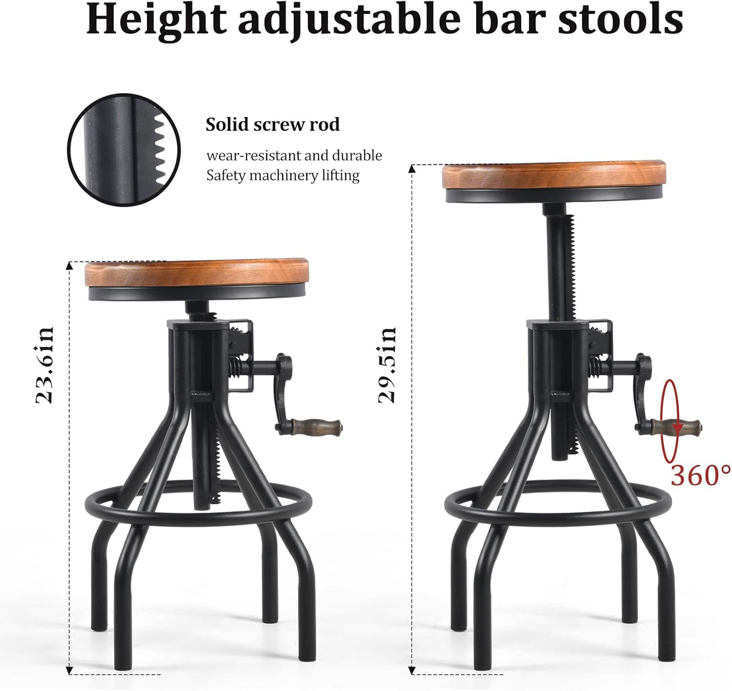 Diwhy Industrial Farmhouse Counter Stool Wooden Seat Height Adjustable with Handle Kitchen Bar Stool Black Set of 2