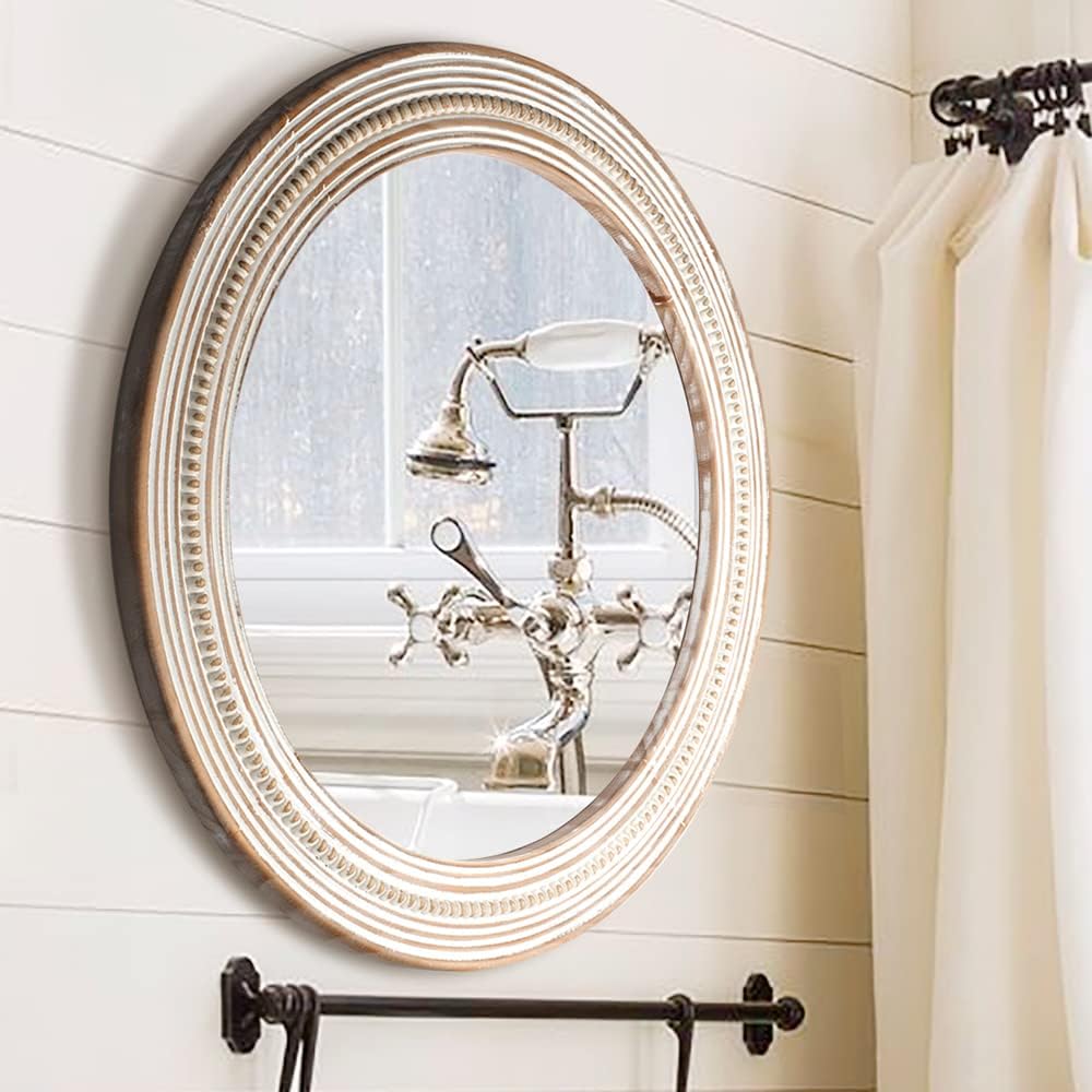 24 Inches Wood Round Mirrors for Wall Decor, Rustic Decorative Circle Mirror for Home, Office, Bedroom, Bathroom, Living Room, Entryway