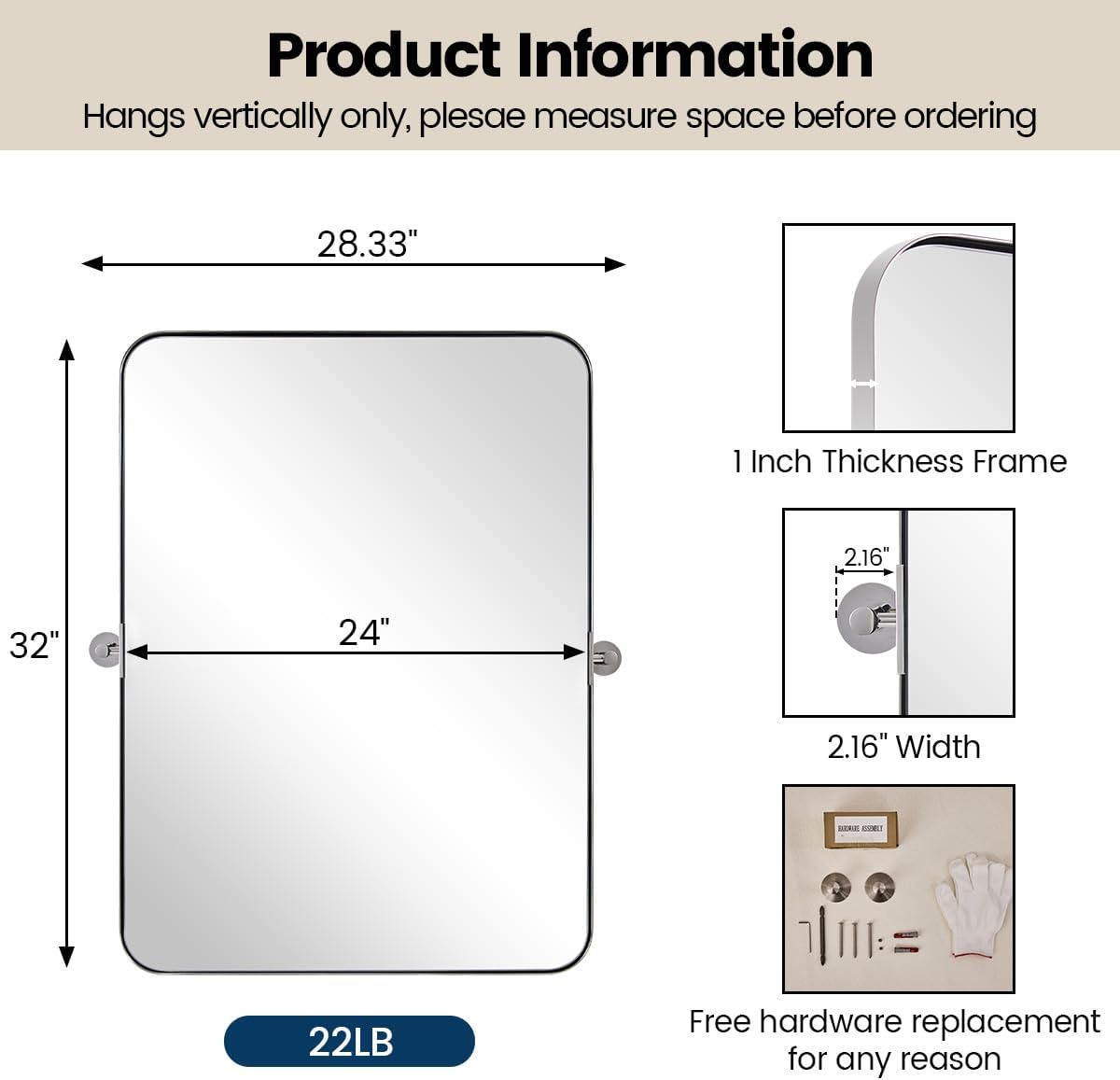 MOON MIRROR Polished Chrome Pivot Mirror for Bathroom, Tilt Bathroom Vanity Rounded Rectangle, Overall 28.33 x 36 in (Mirror 24x 36 in)
