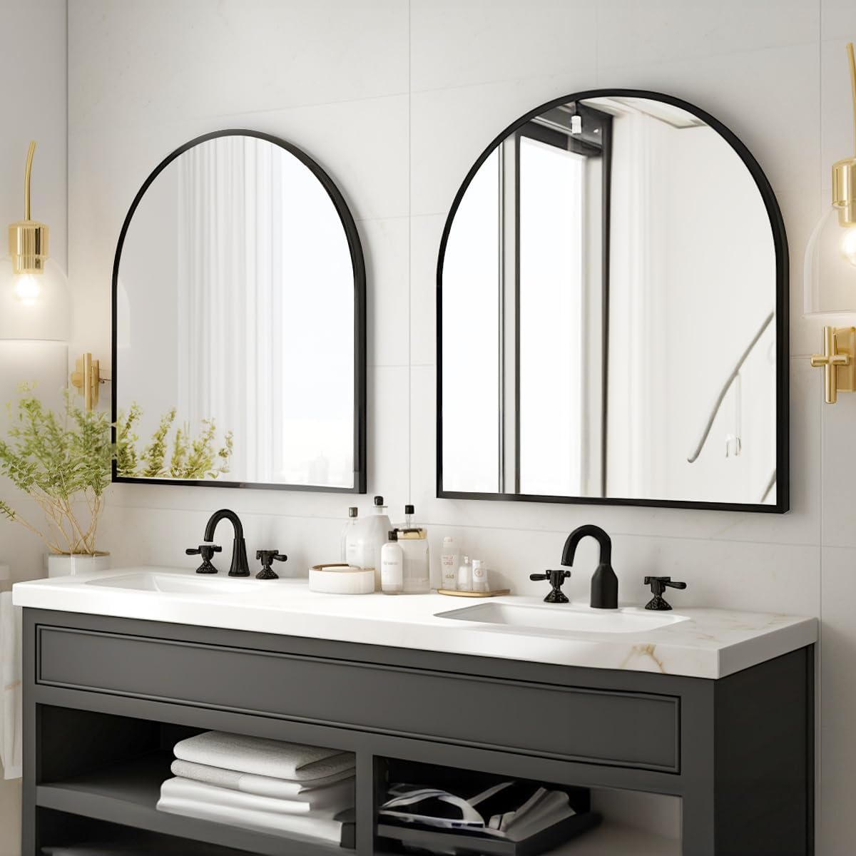 Arched Bathroom Mirror 32" x 34" for Bathroom Vanity Mirror or Wall Decor Black Arch Mirror Aluminum Alloy Frame Wall Mounted Mirror for Living Room Bedroom Entryway