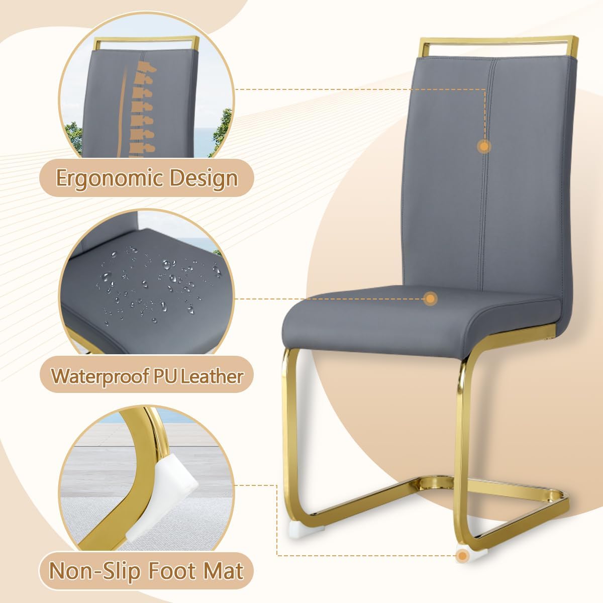 Dining Chairs Set of 8, Faux Leather with Plated Chrome Metal Frame, Modern Kitchen Chairs with Padded Seat High Back for Dining Room, Kitchen, Living Room