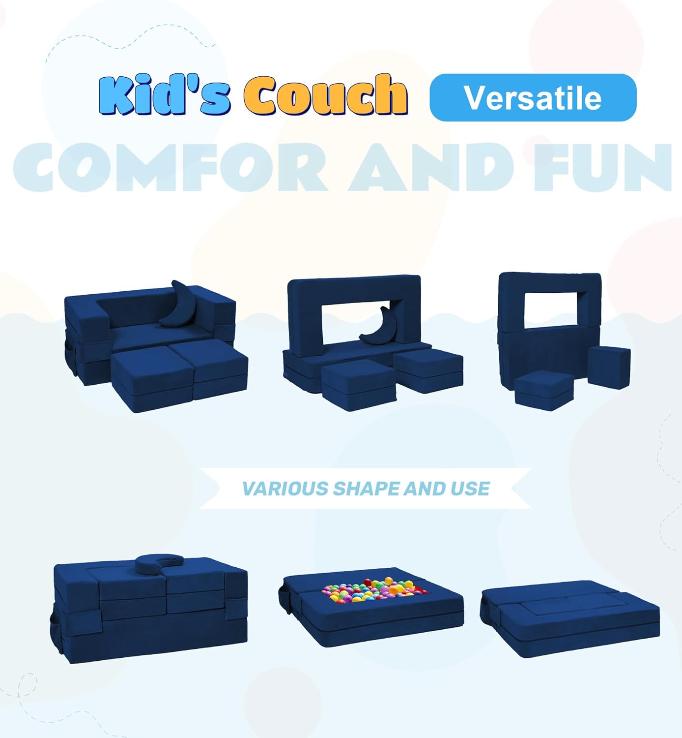 Modular Kids Sofa,Toddler Couch Foam Armchair for Kids, Children Convertible Plush Sofa Play Set,Fold Out SofaBed(Navy)