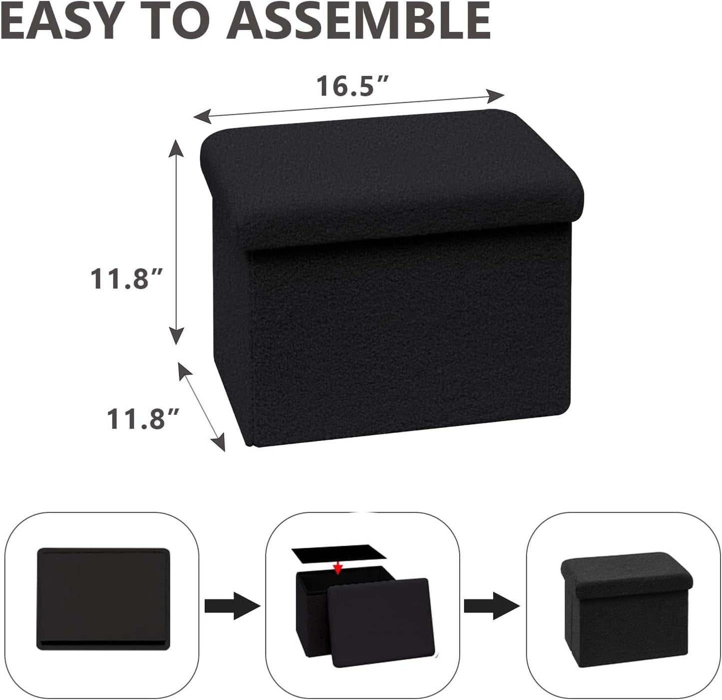 16.5 Folding Storage Ottoman Cube - Small Footrest with Sherpa Top, Multi-Functional Storage for Bedroom, Living Room, Black