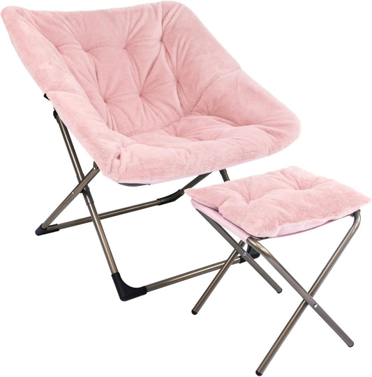 Kokel Plush Folding Chair and Ottoman Padded Metal Frame Living Room Chair (Pink-TM8)