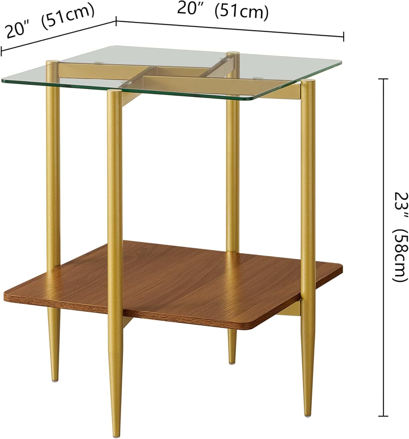 Square Glass End Table, Mid-Century Modern Sofa Table, L20*W20*H23 inch for Living Room, 2-Tier Structure, Clear Glass Top and Walnut MDF Shelf, Sleek Conical Metal Legs with Gold Finish