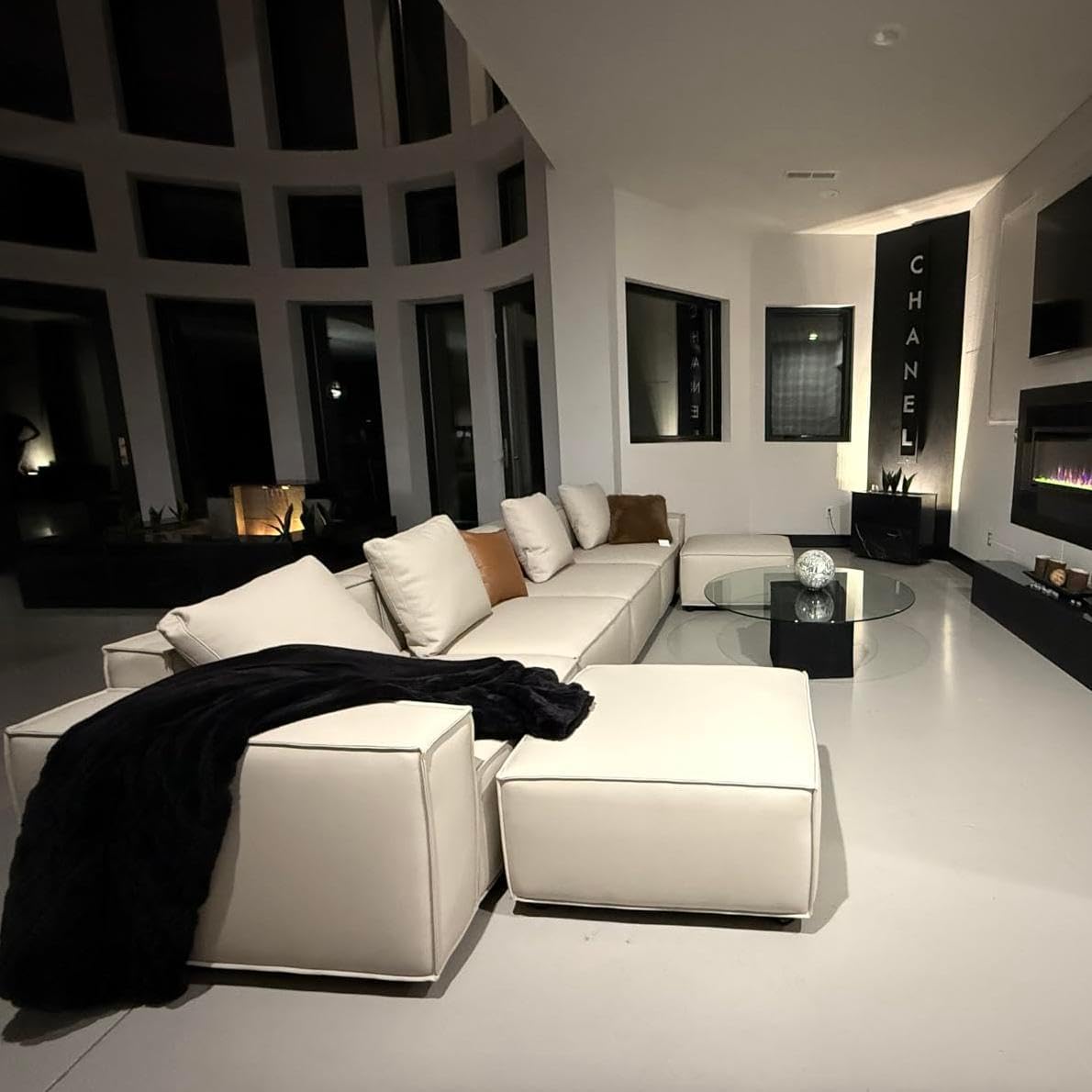 Acanva Luxury Modular Sectional Couch with Moveable Ottoman and Chaise, Modern Minimalist Style Sofa for Living Room, Apartments, U-Shape, Vegan Leather Cream