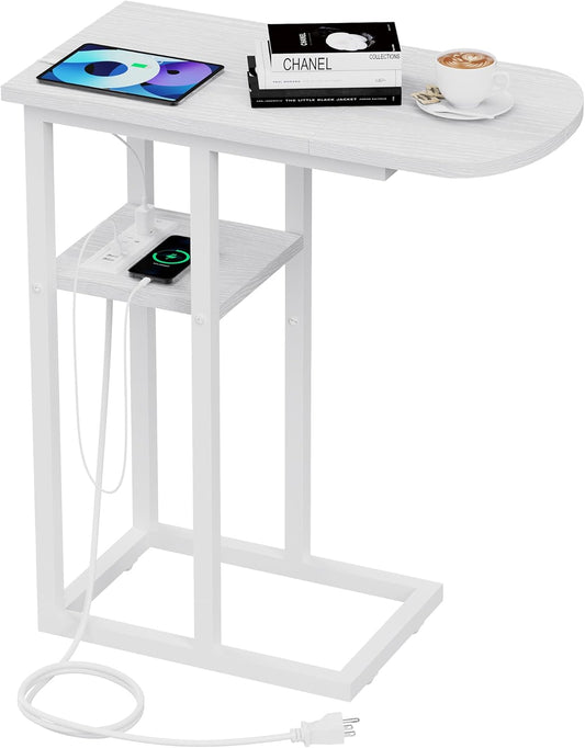 C Table End Table with Charging Station, Couch C Shaped Side Table for Living Room, Bedroom, Laptop Table with USB Ports and Type-C Port, Snack Tray Table for Couch
