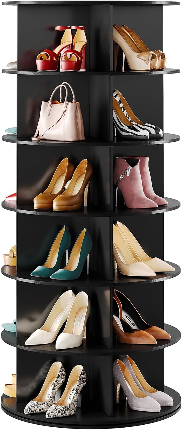 SpaceAid Black 6-Tier Spinning Rotating Shoe Rack Organizer, Shoe Display Tower Lazy Susan, Revolving Shoes Rack StorageOrganization, 360 Vertical Bags Holder Rotate Organizer