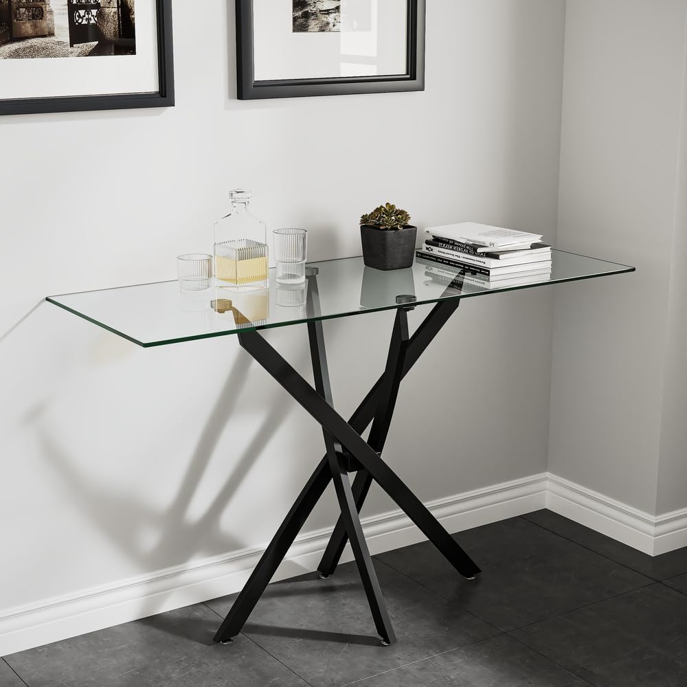 Tempered Glass Console Table with Metal Legs, Modern Narrow Sofa Table for Hallway Entryway (Black, 39"x18"x30")