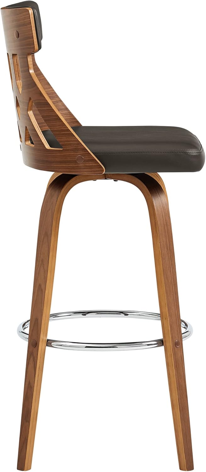 Armen Living Crux Mid Century Modern Swivel Bar Stool for Kitchen Island Counter in Brown Faux Leather and Walnut Wood, 26" Seat Height