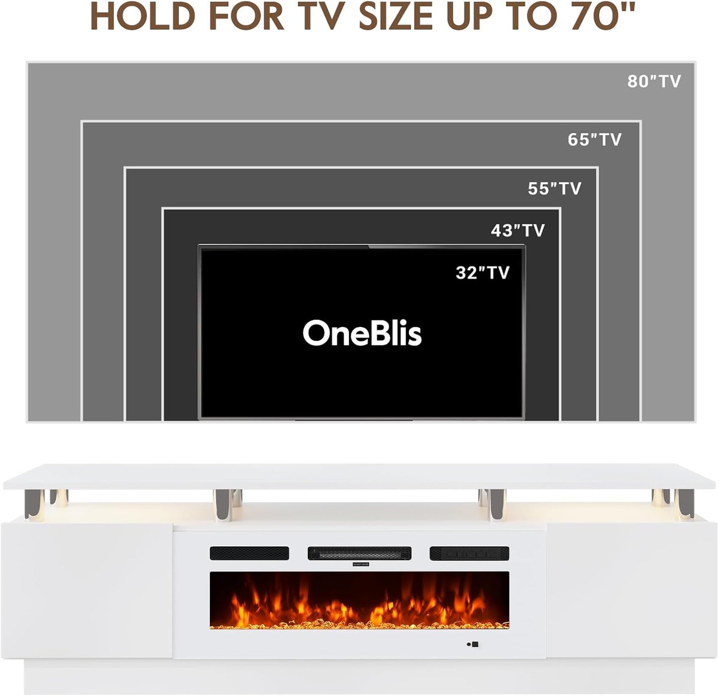 70" TV Stand for Living Room, Entertainment Center & Media Console with Storage, Fits TVs up to 80", Modern TV Cabinet with Shelves, 36" Electric Fireplace (All White)