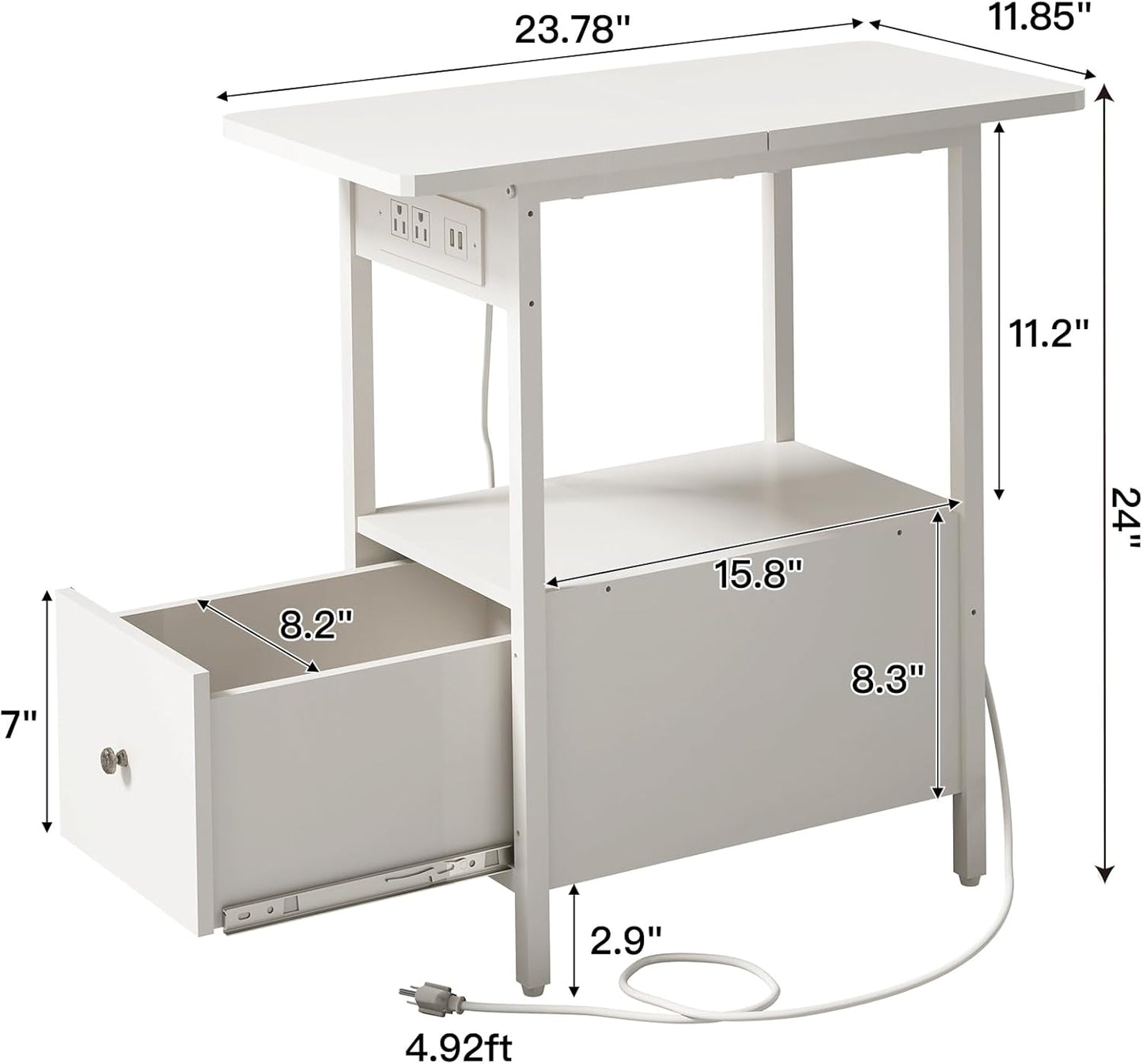 LIDYUK End Table with Charging Station, Narrow Side Table with Drawer and USB Ports & Power Outlets, Nightstand Bedside Tables for Small Spaces, Bedroom, Living Room, White, Set of 2