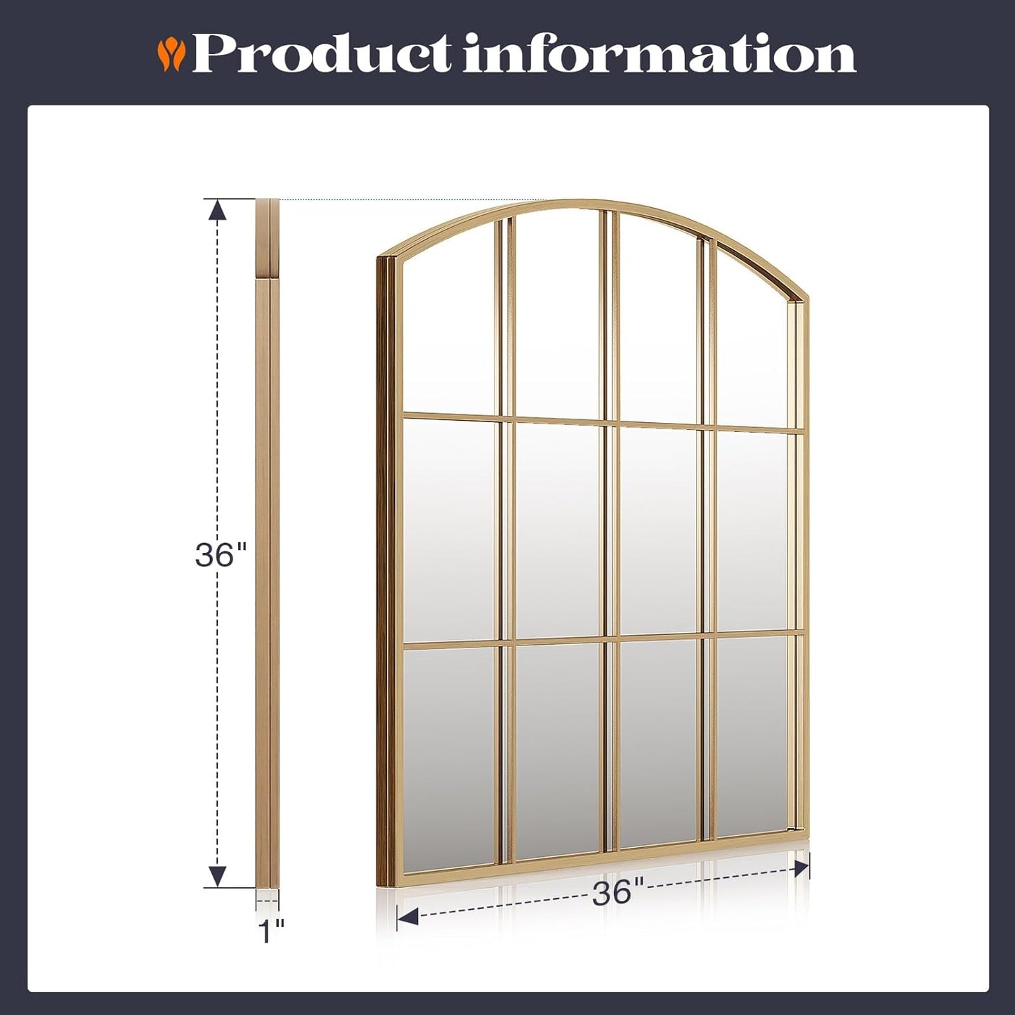 36" x 36" Farmhouse Arched Wall Mirror, Gold Window Pane Mirrors, Rustic Large Grid Mirror for Living Room, Bedroom, Hallway, Entryway