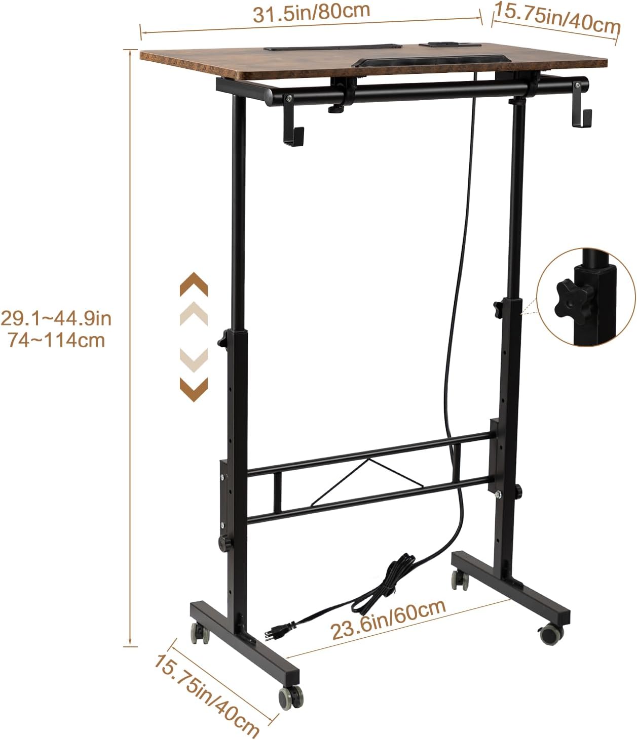 SIDUCAL Standing Desk Height Adjustable with Tiltable Tabletop, Rolling Laptop Desk with Charging Station, Sit Stand Portable Stand Up Desk with Wheels, Rustic Brown