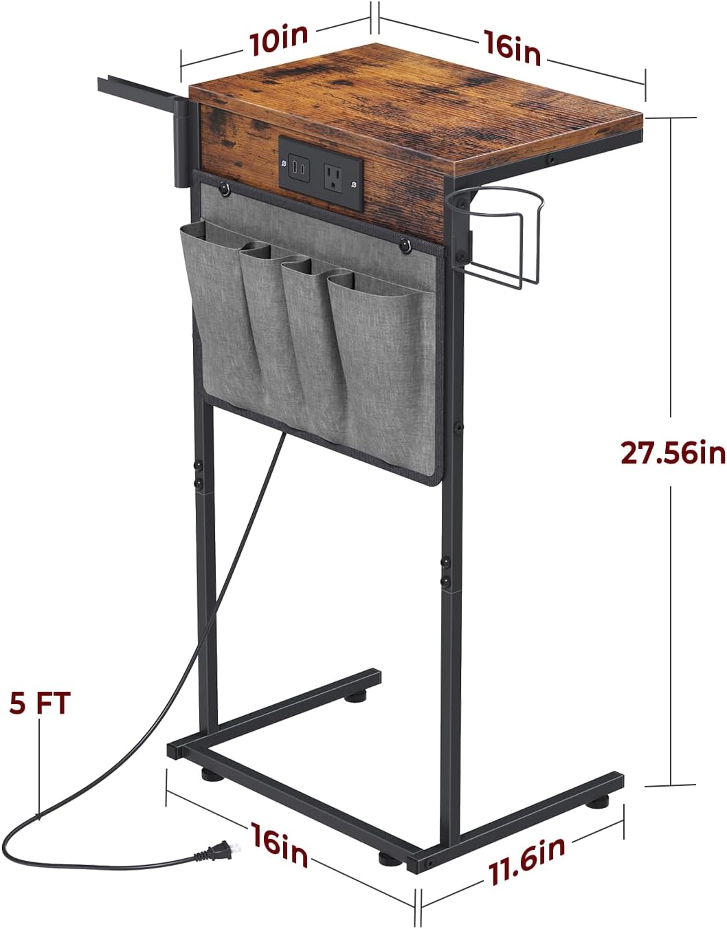 C Shaped End Table with Charging Station, Small TV Tray with Cup Holder and Phone Holder, Couch Side Tables that Slide Under with Storage Bag for Sofa, Recliner, Rustic Brown