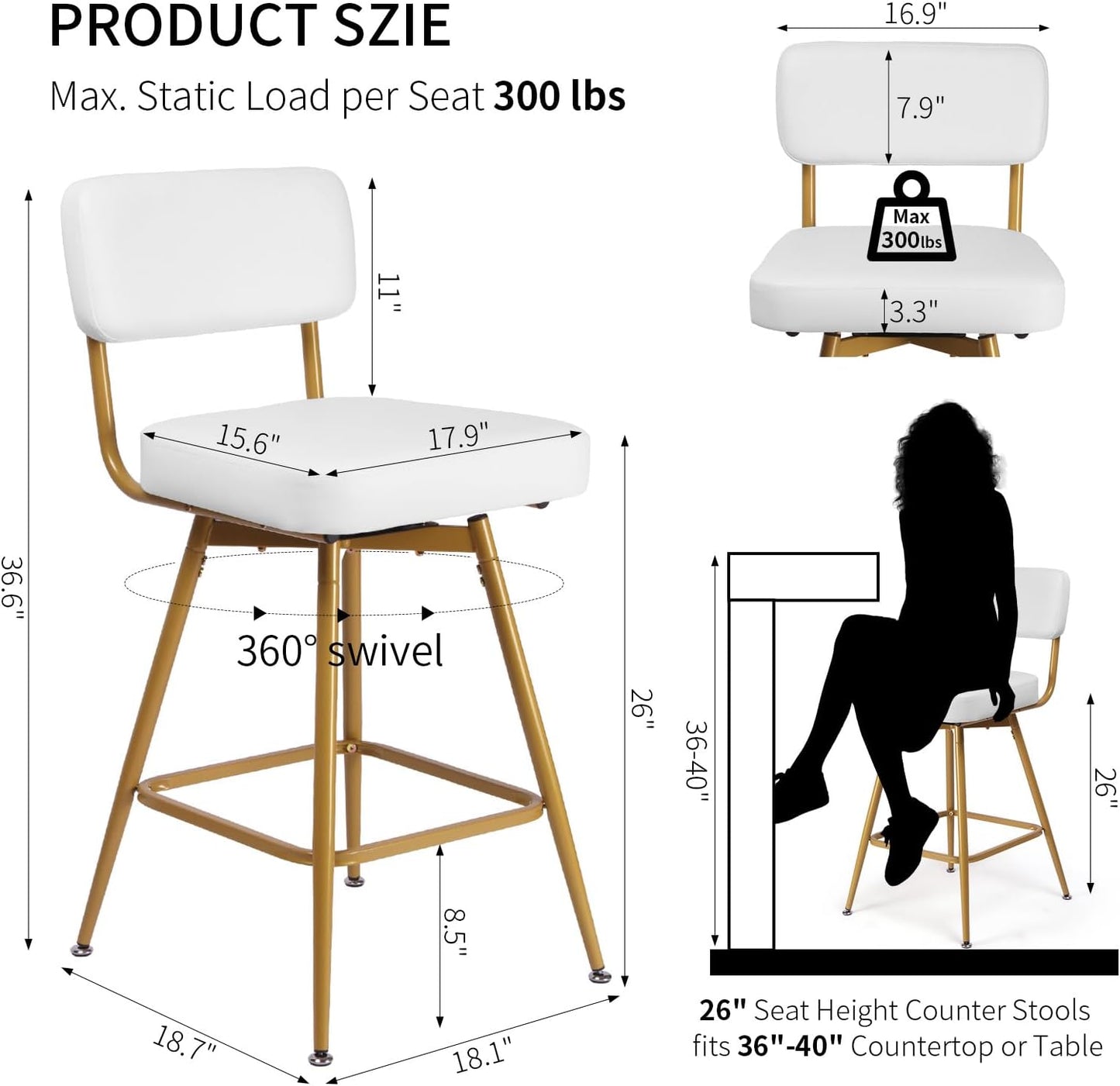 Swivel Counter Height Bar Stools Set of 2, Faux Leather Bar Stools with Back, Metal Legs and Footrest, 26" Seat Height Barstools for Kitchen Islands and Home Bars, Easy Assembly, White&Gold