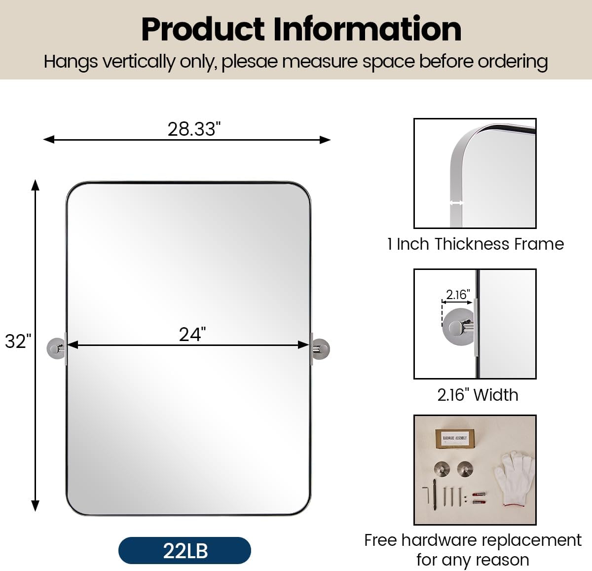 MOON MIRROR Polished Chrome Pivot Mirror for Bathroom, Tilt Bathroom Rounded Rectangle, Overall 28.33 x 32 in (Mirror 24x 32 in)