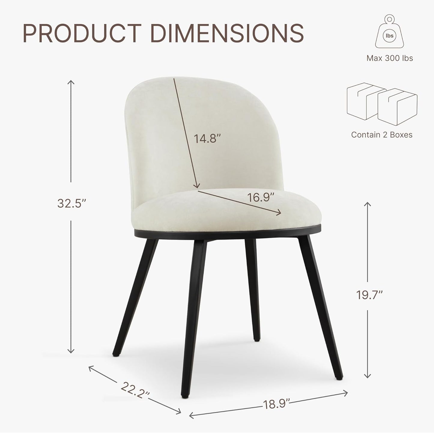 Dining Chairs Set of 6, Fabric Upholstered Dining Room Chairs with Ergonomic Backrest & Metal Legs, Modern Kitchen Side Chairs for Home, Restaurant, and Café, Ivory, 2 Boxs