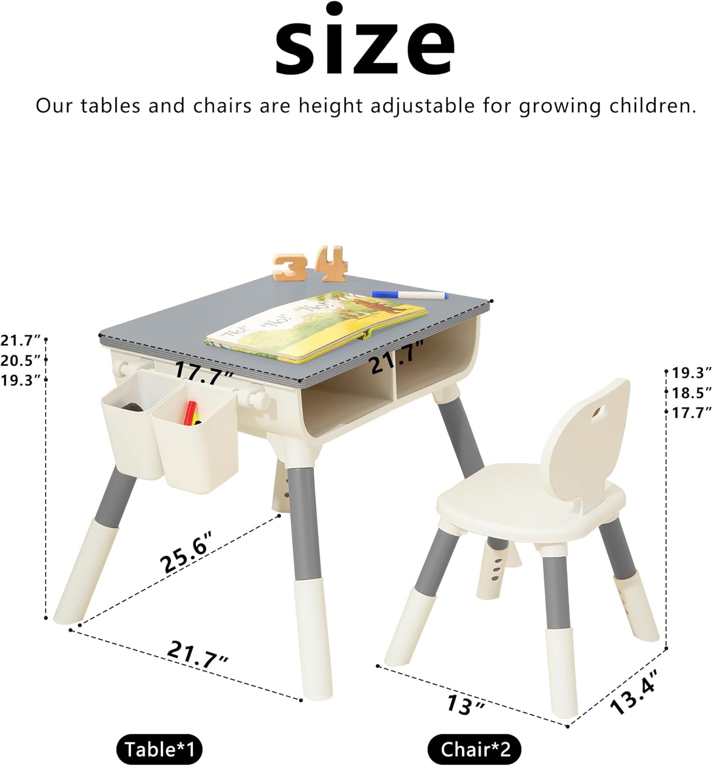 Kids Study Desk and Chair Set Height Adjustable Graffiti Desktop Storage Drawer Storage Basket Non Slip Legs Suitable for Max Weight of 220 Pounds Suitable for Children Aged 2-10(Grey 2Chair)