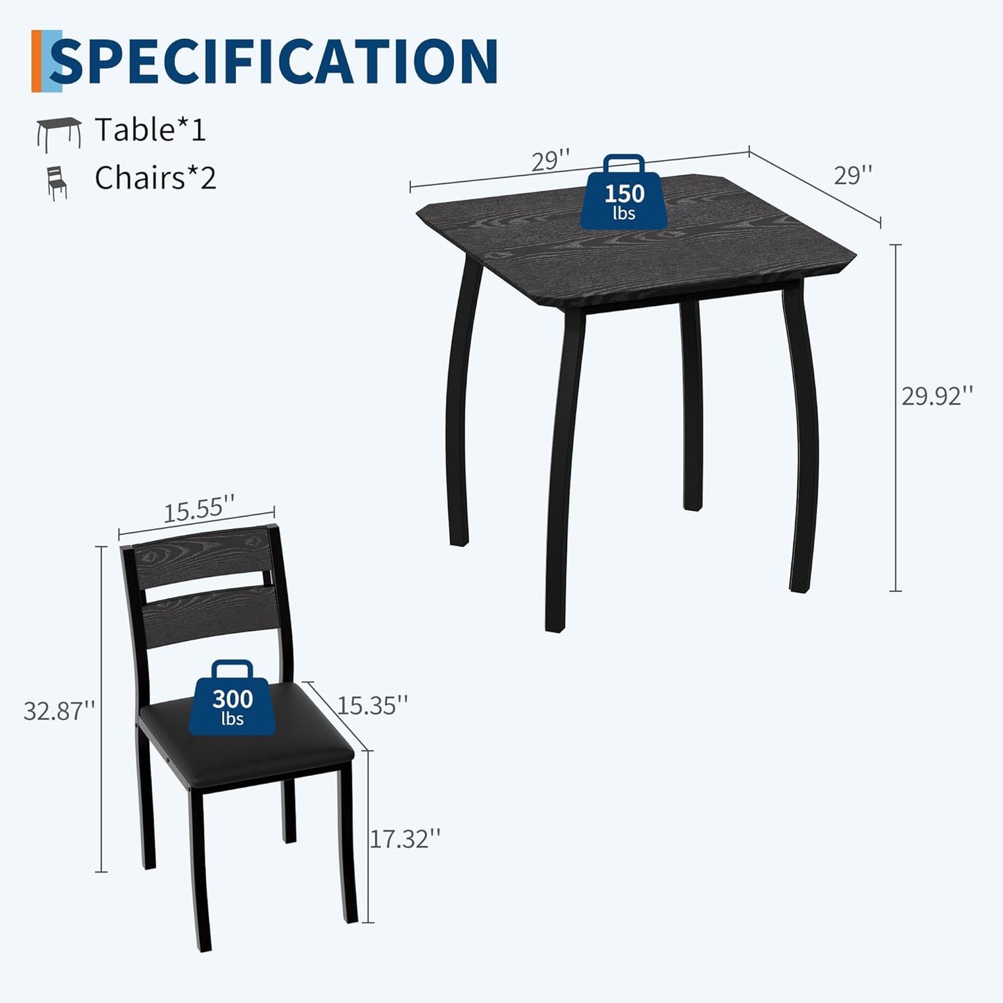 Small Dining Table Set for 2,3-Piece Kitchen Table Set with Thick Wood Grain Tabletop & 2 Upholstered Chairs & Metal Frame, Compact Table Set for Small Spaces, Kitchens & Dining Rooms (Black)