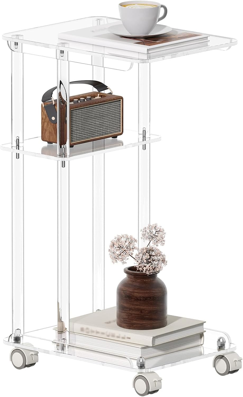 HMYHUM Acrylic C Shaped Table with Wheels, Clear Rolling Side/End Table for Couch, Living Room, Bedroom, Slide Under Sofa Table for Small Spaces, 15.6" L x 11.6" W x 27" H