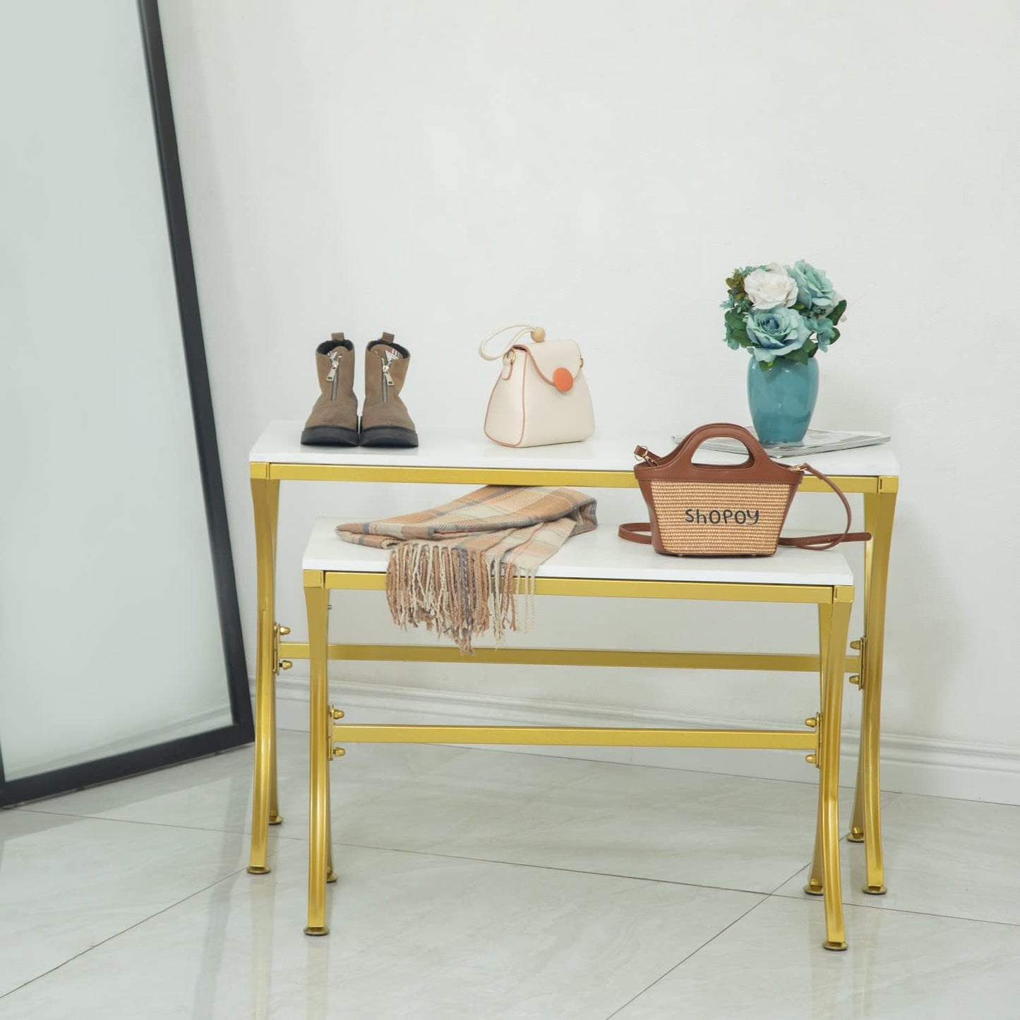 Metal Shoe Handbag Display Stand, Display Riser Shelf for Retail Store, Modern Nesting Tables 2 Piece Set, Iron and Wood, Gold