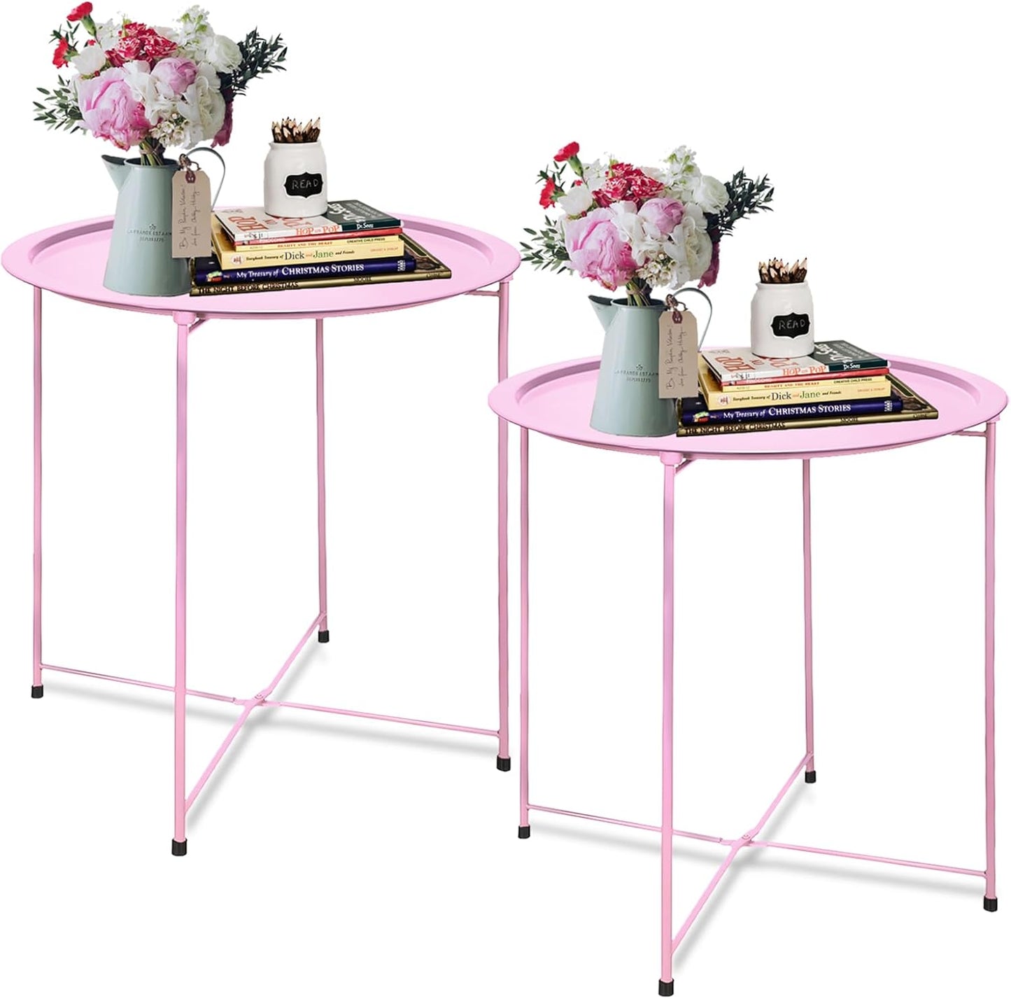 Garden 4 you End Table Set of 2, Outdoor Side Table, Small Patio Table Metal Side Table, Round Folding Side Table, for Outdoor and Living Room,Pink