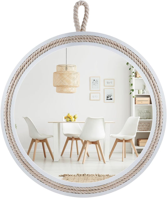 Nautical Round Wall Mirror with Rope 20'' White Circle Hanging Mirror Nursery Coastal Beachy Wall Mirror Decorative Mirror for Bathroom,Livingroom,Entryway-Nautical Theme Décor