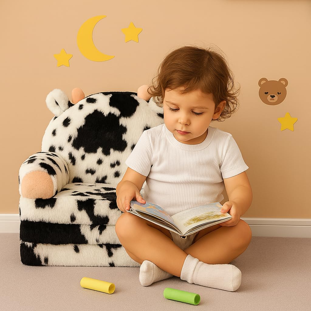 Toddler Chair with Faux Rabbit Fur – 2-in-1 Foldable Kids Couch, Soft Sofa for Reading, Napping, Bedroom or Playroom Use, 18 Months+ （Cow）