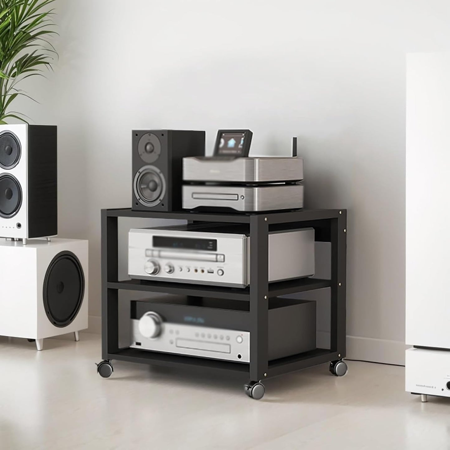 3 Tier Audio Rack Tower, CD Record Player Stereo Receiver AV Equipment Cabinet Display Rack, Weight Capacity 220 lbs, with Adjustable Wooden Shelves for Home (Black, 3tier)