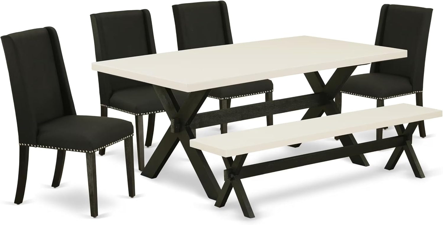 East West Furniture X627FL624-6 6 Piece Dining Room Set Contains a Rectangle Dining Table with X-Legs and 4 Black Linen Fabric Parson Chairs with a Bench, 40x72 Inch, Multi-Color