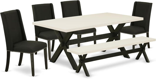 East West Furniture X627FL624-6 6 Piece Dining Room Set Contains a Rectangle Dining Table with X-Legs and 4 Black Linen Fabric Parson Chairs with a Bench, 40x72 Inch, Multi-Color