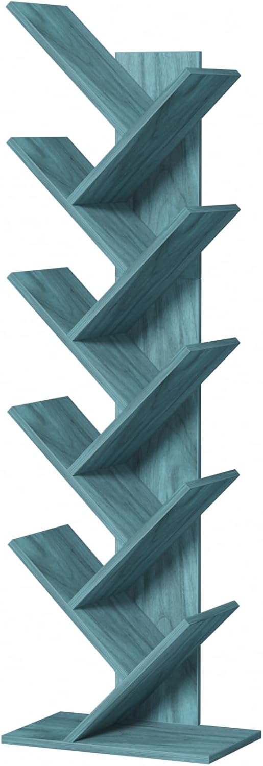 10 Tier Tree Book Shelf, Floor Standing Wood Bookshelf for Narrow Space, Storage Organizer Bookshelves for Books/CDs/Magazine, Bookcase with Shelves for Home Office, Living Room - Blue