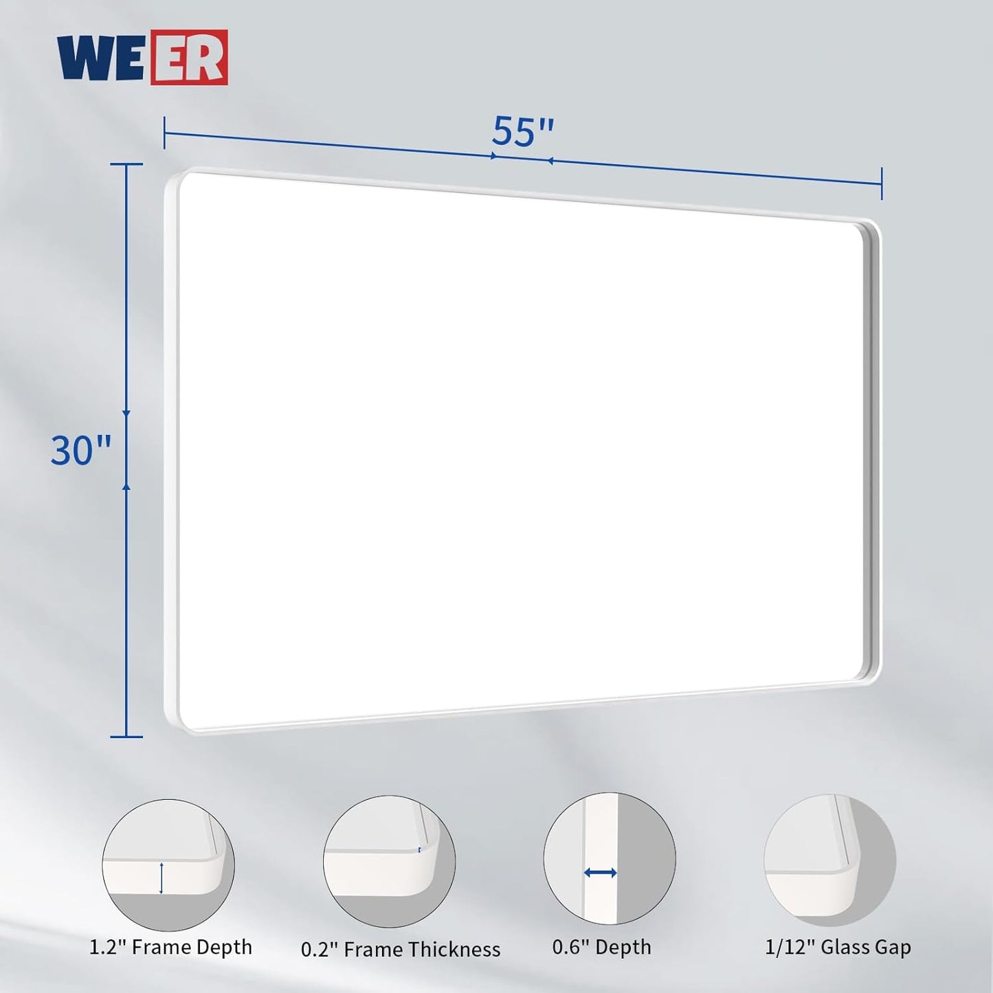 WEER White Bathroom Mirror 55X30 Inch, Rounded Rectangle White Metal Frame Mirror, Matte White Bathroom Vanity Mirror with Tempered Glass, Anti-Rust, Hangs Horizontally or Vertically
