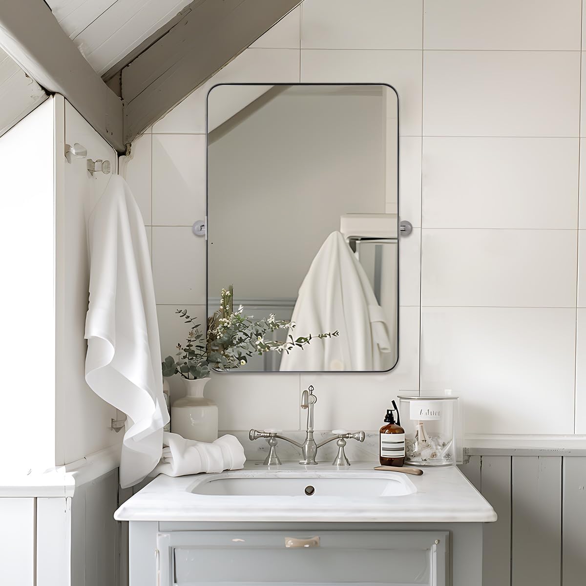 MOON MIRROR Polished Chrome Pivot Mirror for Bathroom, Tilt Bathroom Vanity Mirror,Rounded Rectangle Pivoting Mirror, Overall 24.33 x 30 in (Mirror 20x 30 in)