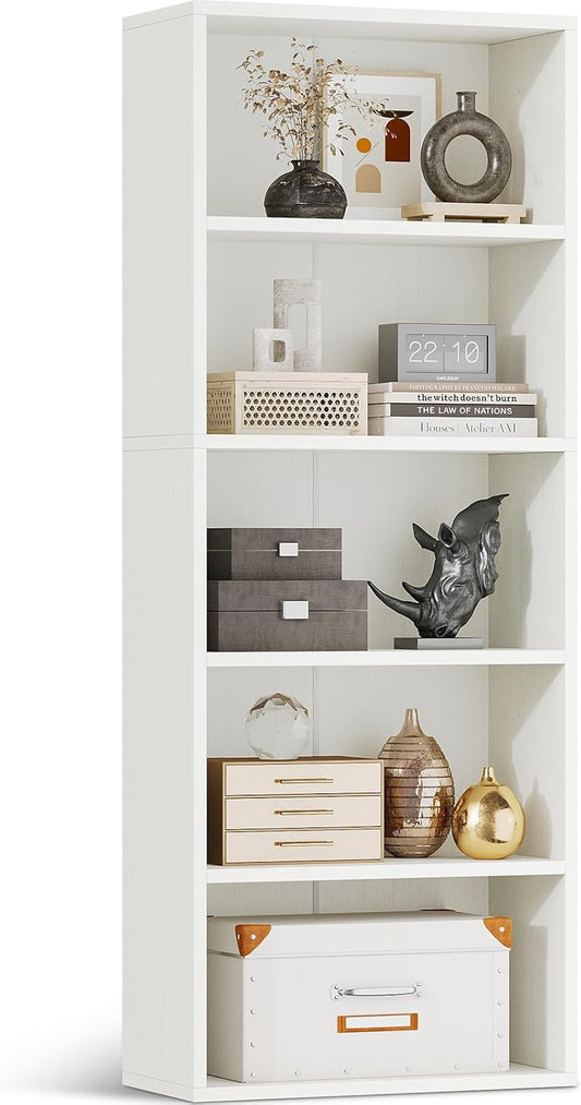 Casaottima 5-Tier Open Bookshelf and Bookcase, Floor Standing Display Storage Shelves for Living Room, Tall Book Shelf for Bedroom, Home Office, Dining Room, White