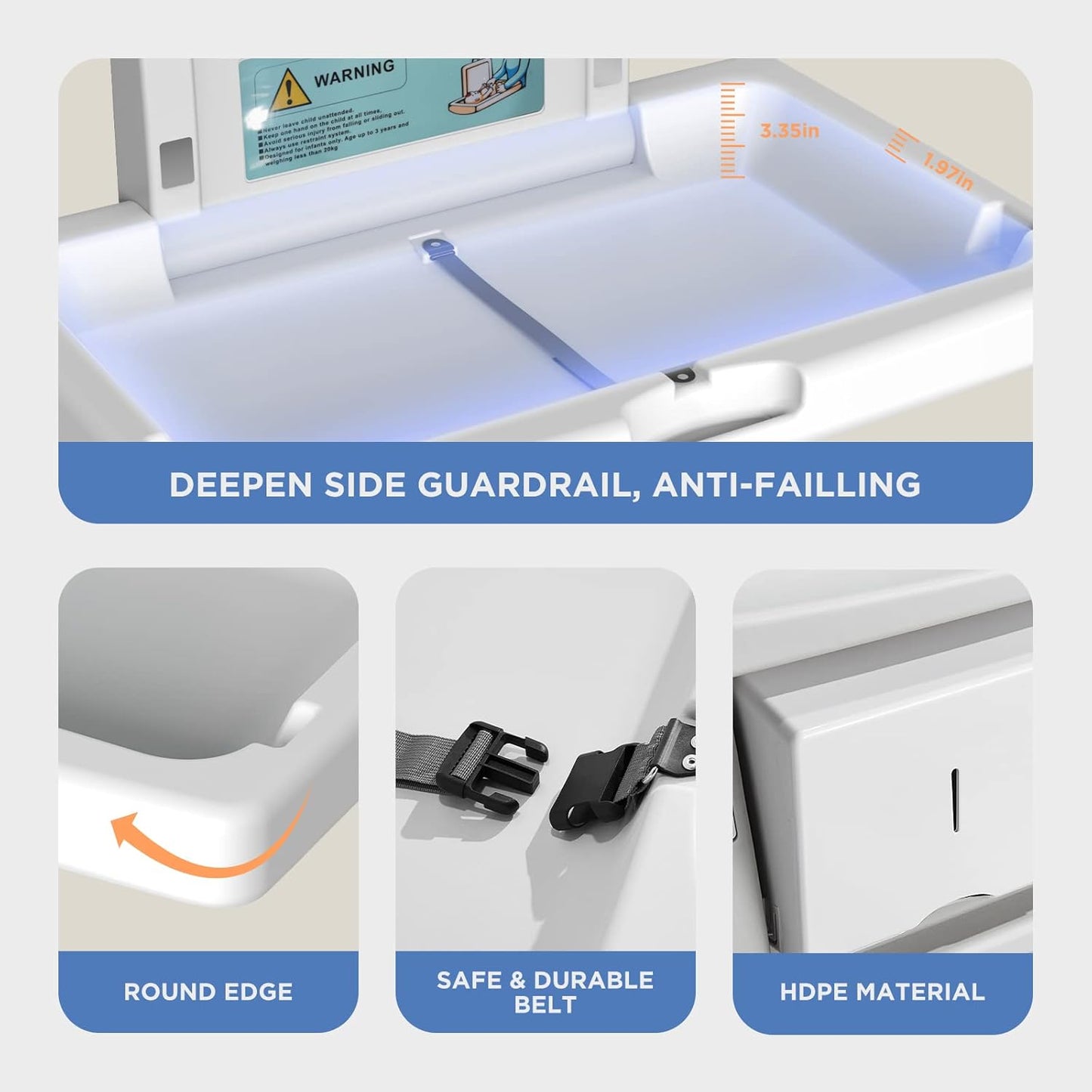 Commercial Baby Changing Station, Wall Mounted Horizontal Baby Changing Table with Safety Strap, Foldable Diaper Tables for Bathroom, White