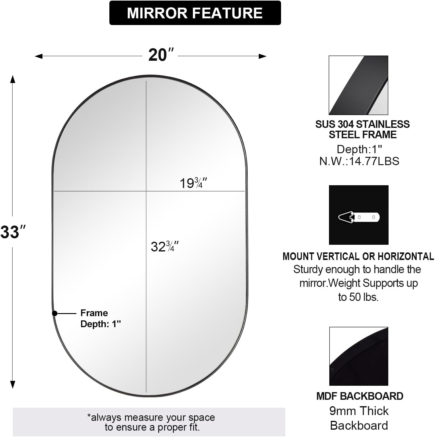 ANDY STAR Black Oval Mirror, 20x33’’ Oval Black Mirror Stainless Steel Metal Pill Mirror for Bathroom, Entryway, Living Room, Contemporary 1" Deep Set Design Wall Mount Hang Vertical or Horizontal