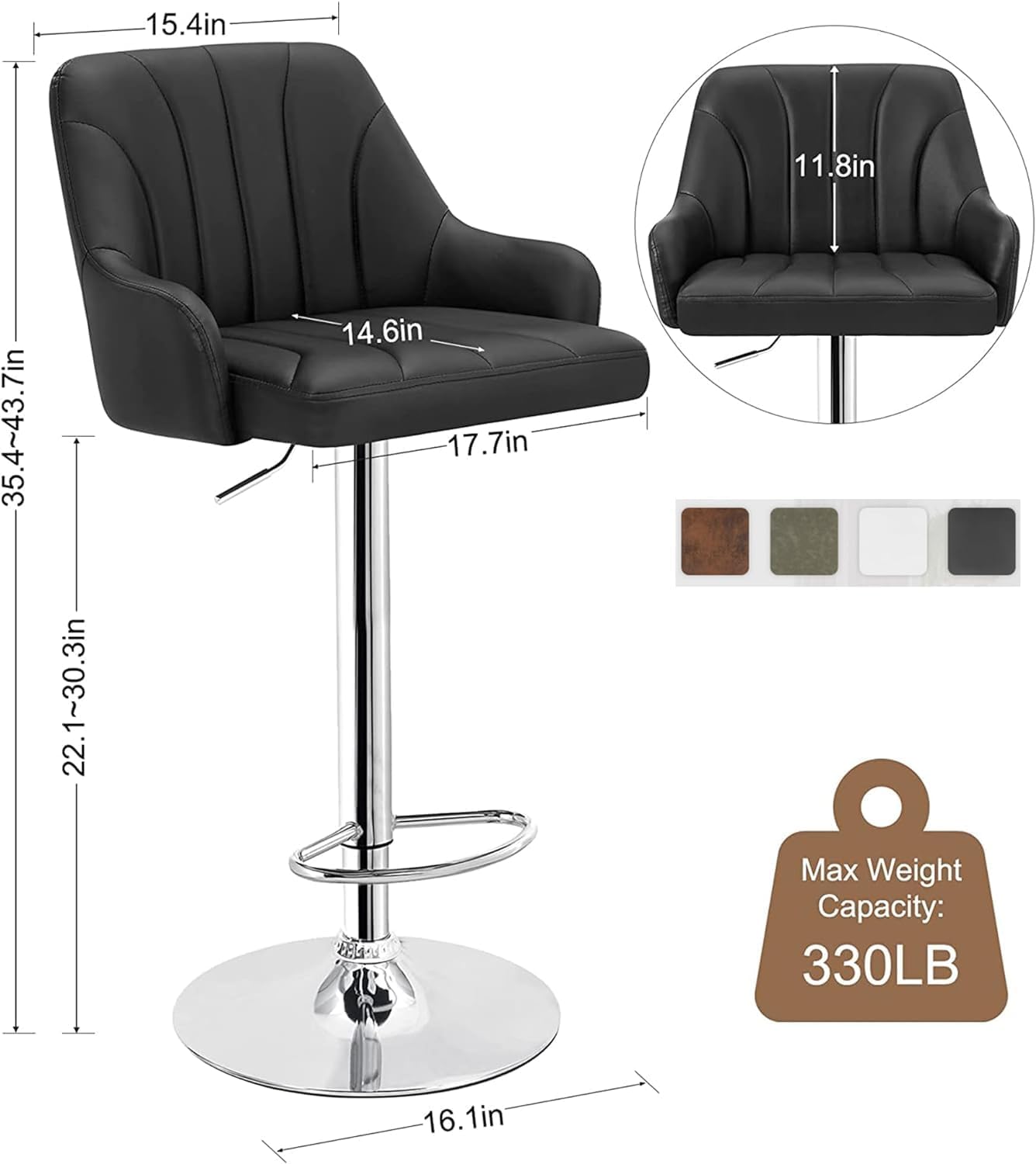 VECELO Bar Stools Set of 2, Adjustable Barstools, Counter Height Stools with Back and Arm, Kitchen Island Stools, Swivel PU Leather Stools, Modern Style, PU Black