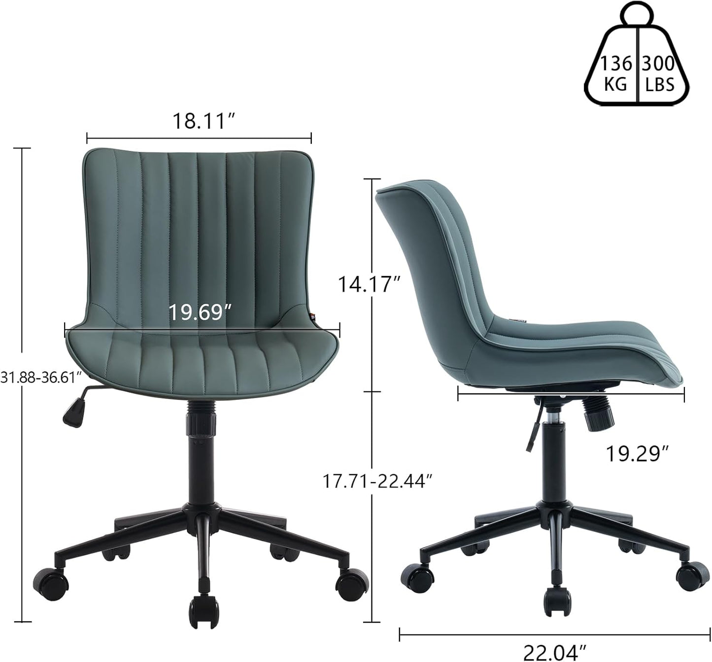 YOUNIKE Home Office Desk Chair with Wheels Armless Compact Comfy Vanity Chair with Adjustable Back Modern Small Leather Upholstered Rolling Swivel Cute Computer Task Chair No Arms Greyish Green