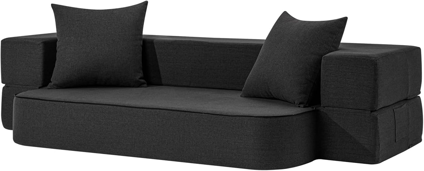 2-in-1 Folding Sofa Bed with Pillows - Folding Chair Floor Couch & Sleeping Mattress - Washable Cover & Memory Foam Sleeper Chair for Living Room/Guest Room/Apartment/Loft, Dark Gray, Twin