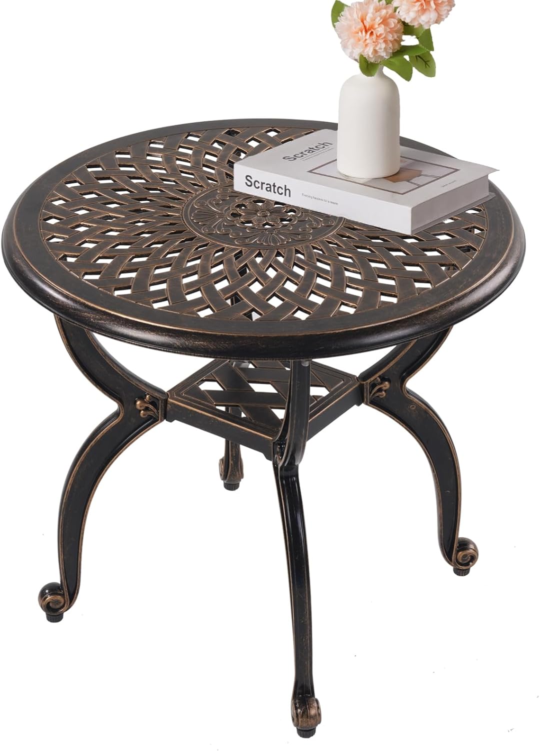 Cast Aluminum Outdoor Side Table,Small Patio Table,Outdoor Coffee Tables for Patio,Garden,Balcony, for All Weather (Copper, Round)