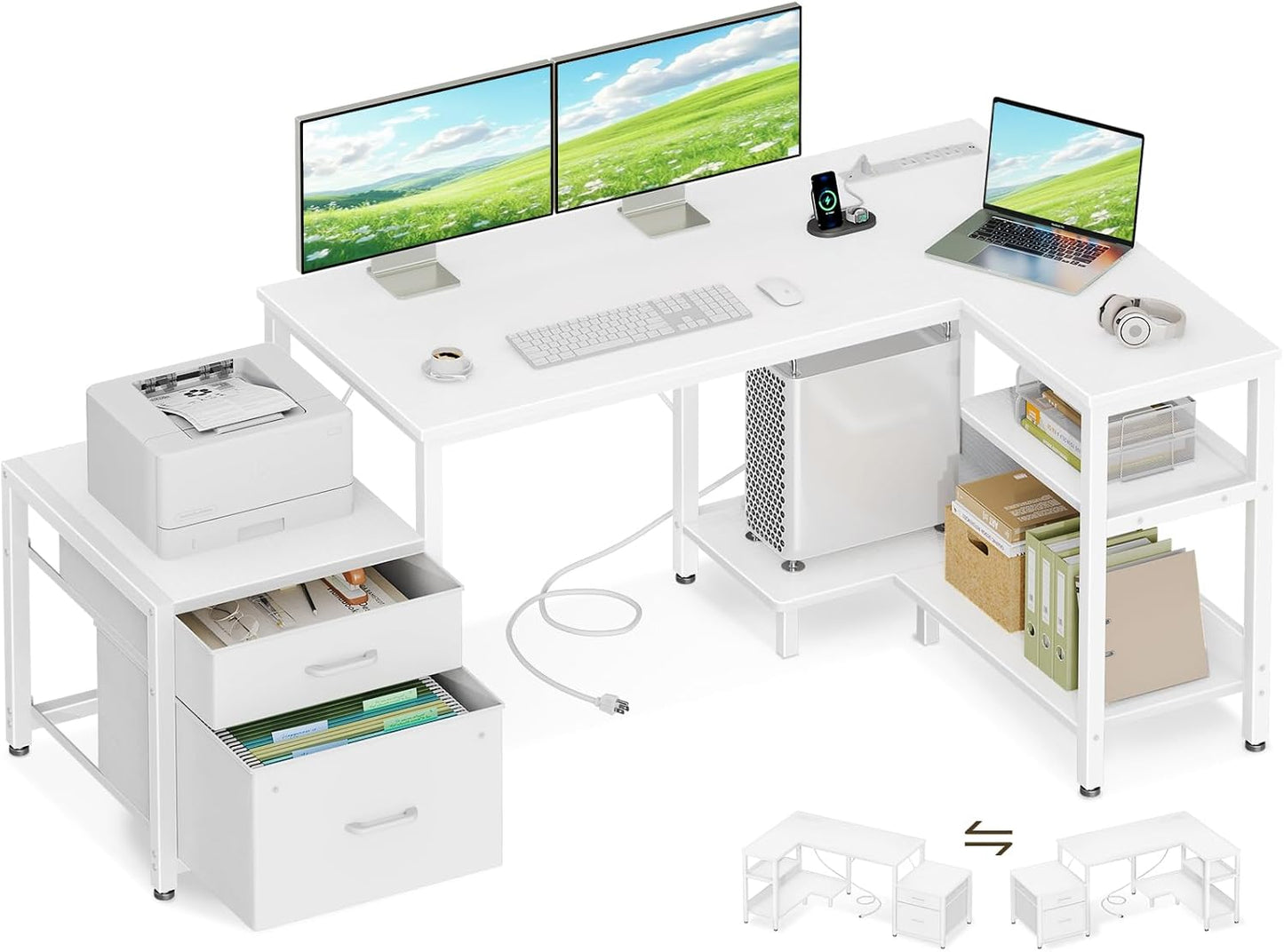 Casaottima L Shaped Desk with Drawers & File Cabinet, Reversible White Computer Desk with Storage Shelves & CPU Stand, Corner Desk with Power Outlets, L Table for Home Office